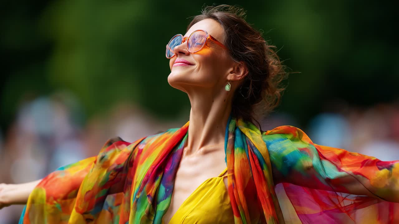 Joyful and Vibrant Woman in Colorful Attire Embracing Life with Open Arms Under a Lush Green Background, Radiating Positivity and Confidence