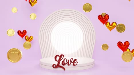 online shop e-commerce display product with heart background in gold coin balloons and love letters for st valentine celebration romantic couple affair animation