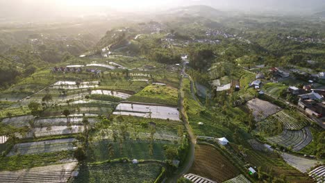 view of the skyline of mangli on the slopes of mount sumbing on a sunny morning in indonesia