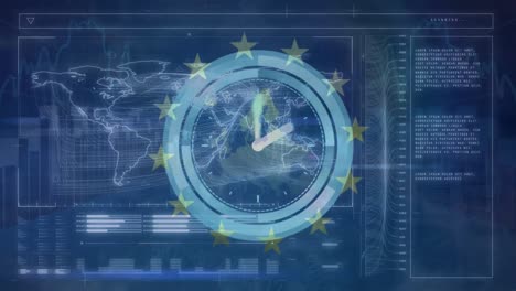 Animation-of-clock-moving-over-world-map,-diverse-data-and-european-union-flag