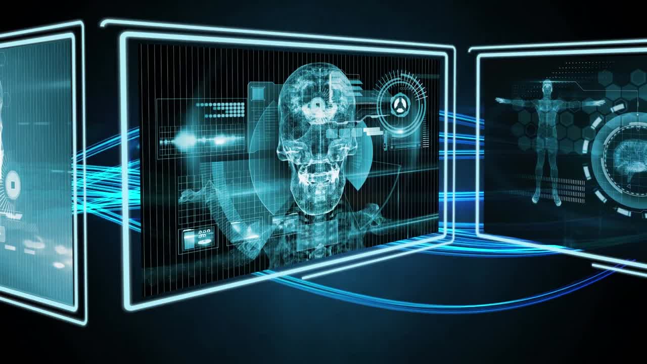 Screens with data processing and spinning globe