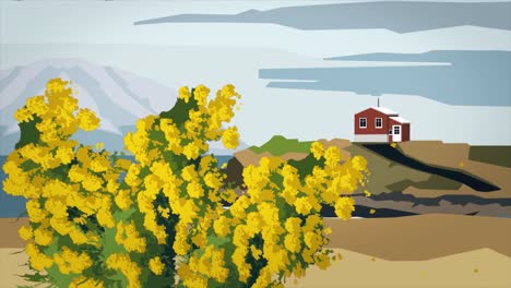 coastal landscape with a red cabin and yellow flowers