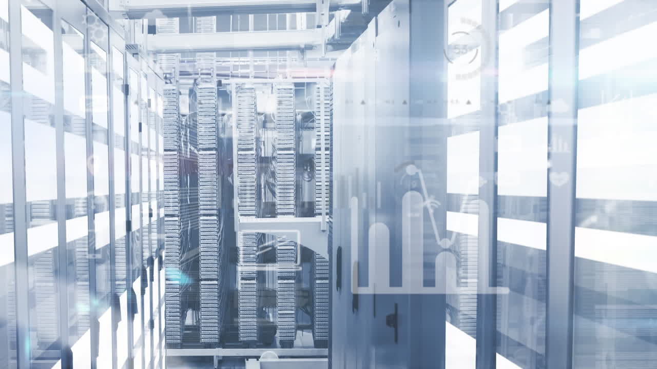 Animation of icons and data processing over tech room with computer servers