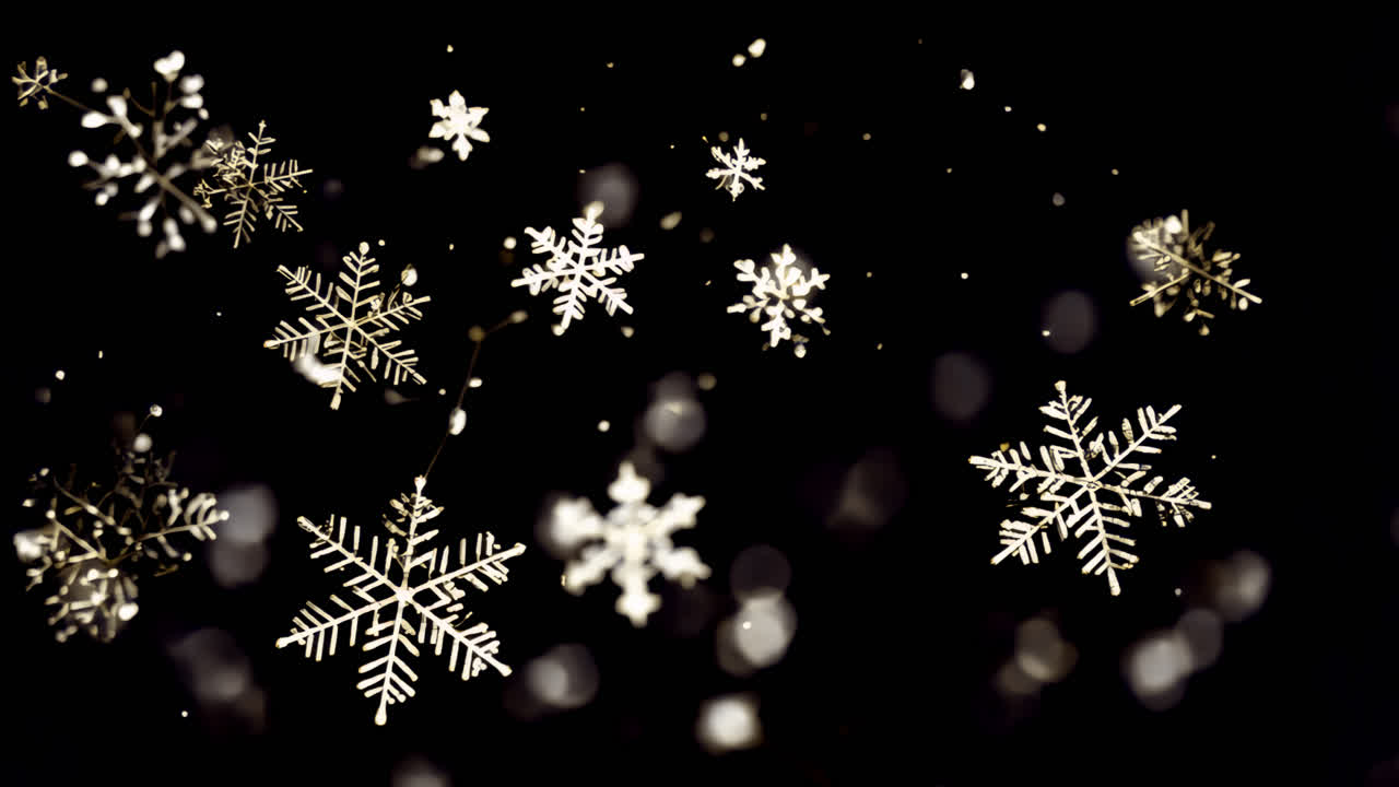 Elegant snowflakes in darkness animated overlay, transparent 4K video, alpha channel, ProRes 4444