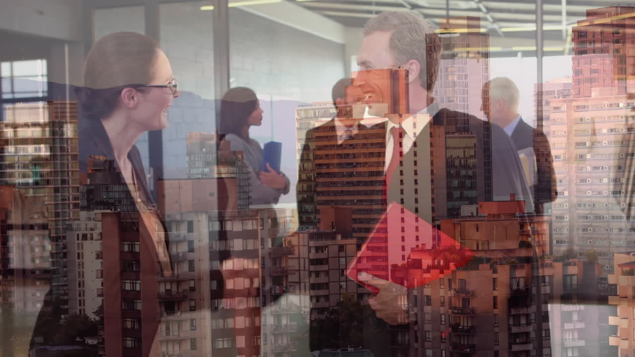 animación de un hombre de negocios apretando la mano sobre el paisaje urbano