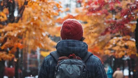 a person with a backpack walking down a snowy street