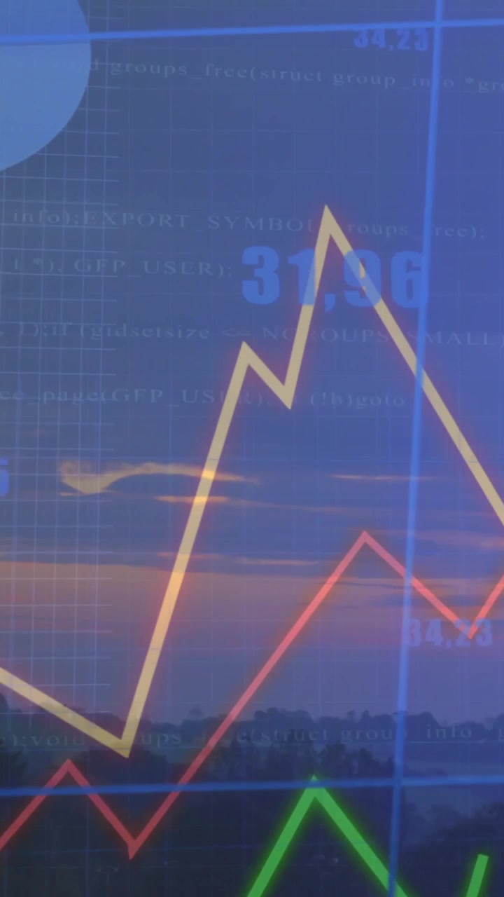 Vertical video: Translucent chart overlay animating over sunset, yellow line rising to show trends