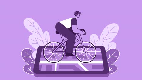 purple style man flat character speed riding bike with smartphone. isolated loop animation with alpha channel