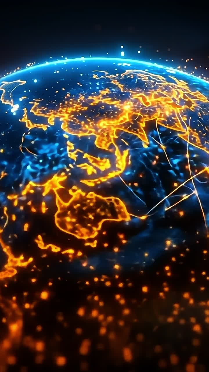 Vibrant digital earth links. Glowing Earth illustration with vibrant data connections, symbolizing global connectivity across continents and oceans.