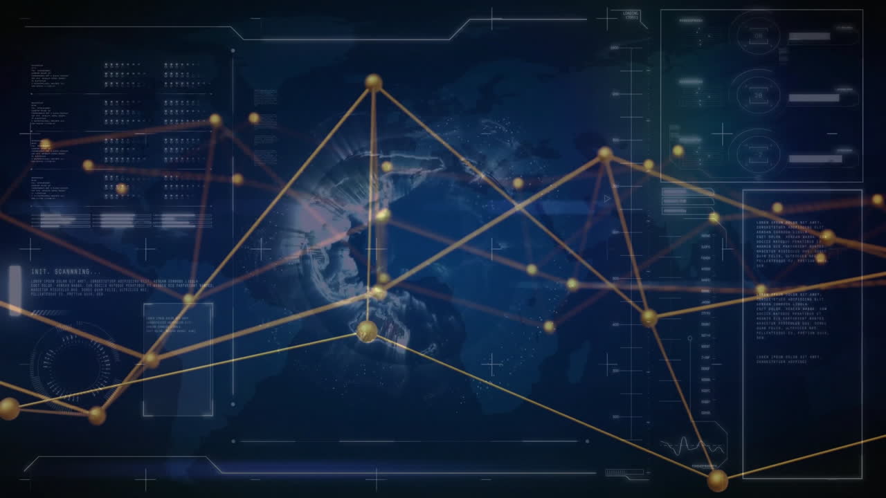 Network of connections and data processing animation over world map background
