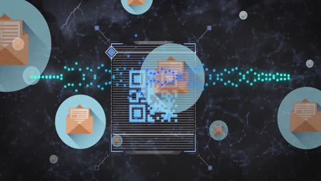 Animation-of-scanning-qr-codes-over-graph-and-envelope-icons-against-connected-dots-in-background