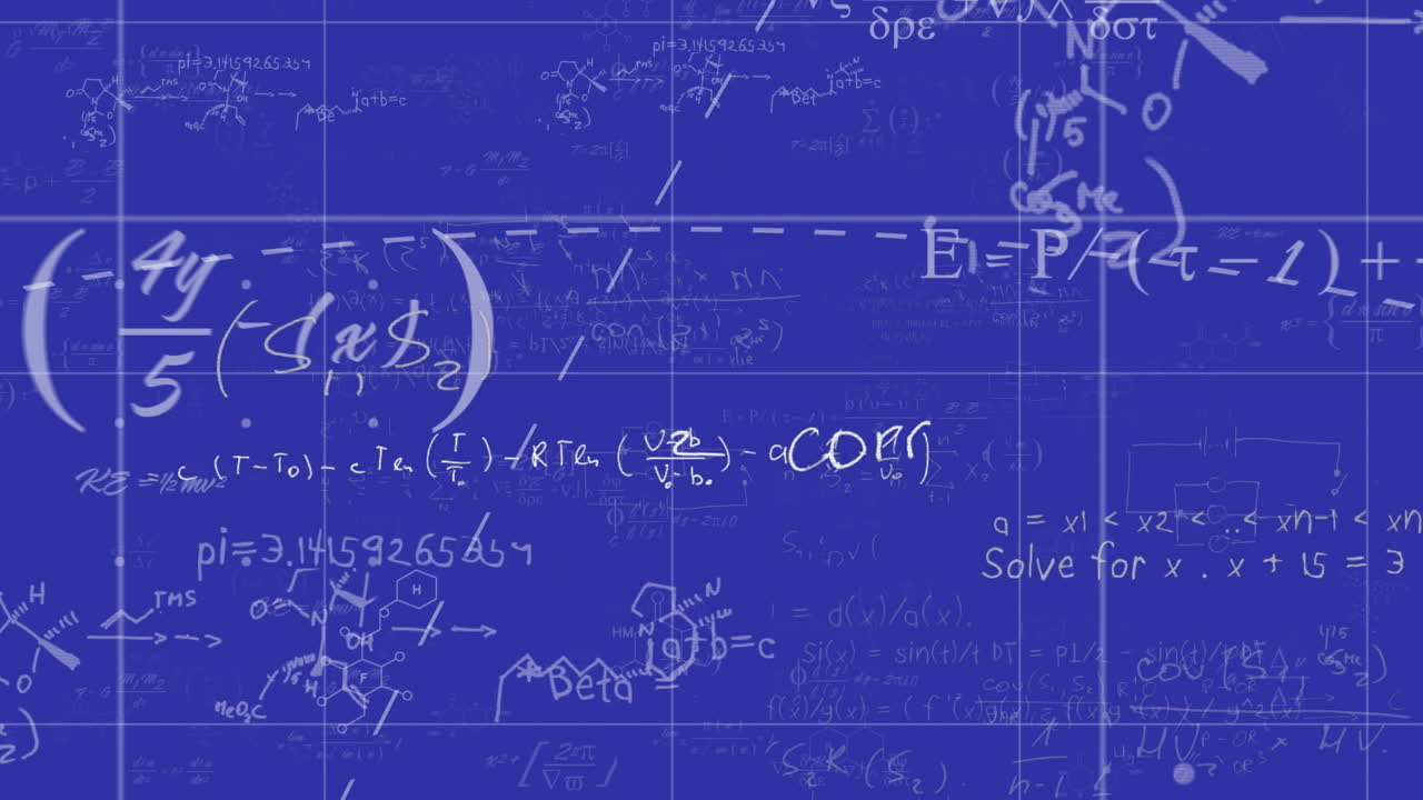 파란색 배경 위에 수학적 데이터 처리의 애니메이션