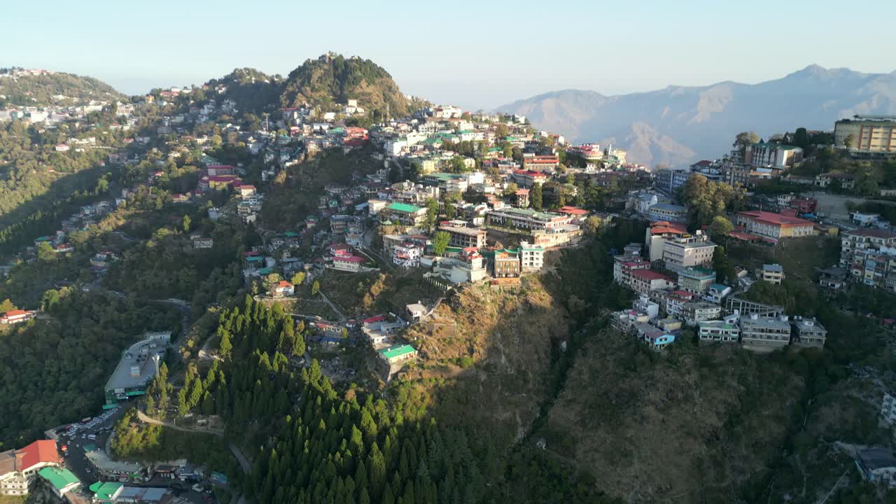 beautiful architec buldings on hill in mussoorie 180d drone view in india