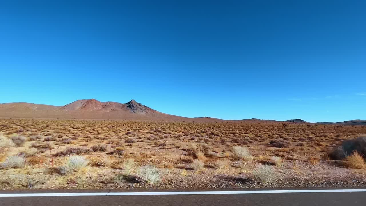 Paesaggio desertico arido con montagne sotto un cielo azzurro e limpido. Ampia inquadratura della boscaglia del deserto del Mojave e vette marroni distanti in California, USA