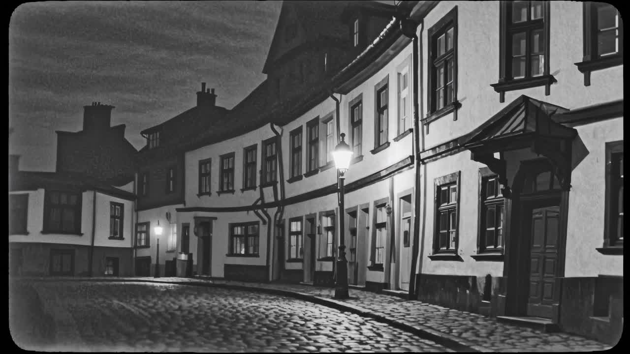 Curved old town street with vintage houses at night