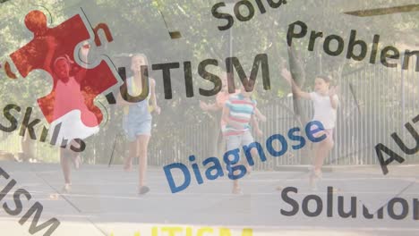 Animation-of-colourful-puzzle-pieces-and-autism-text-over-schoolchildren