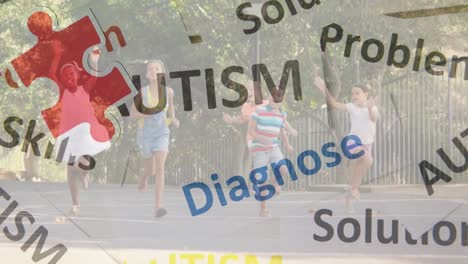 animation of colourful puzzle pieces and autism text over schoolchildren