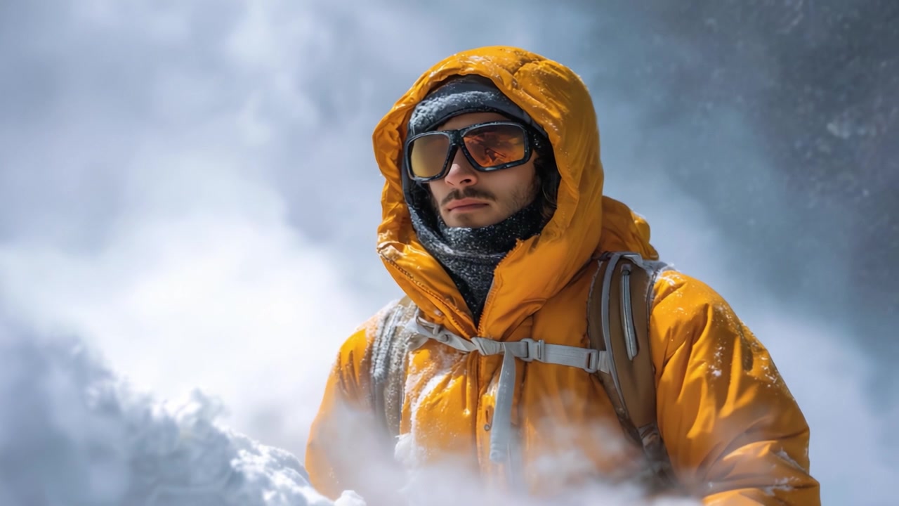 Un esploratore determinato si erge contro un paesaggio innevato, indossando una vivace giacca arancione e attrezzatura protettiva, mostrando resilienza in condizioni invernali rigide.