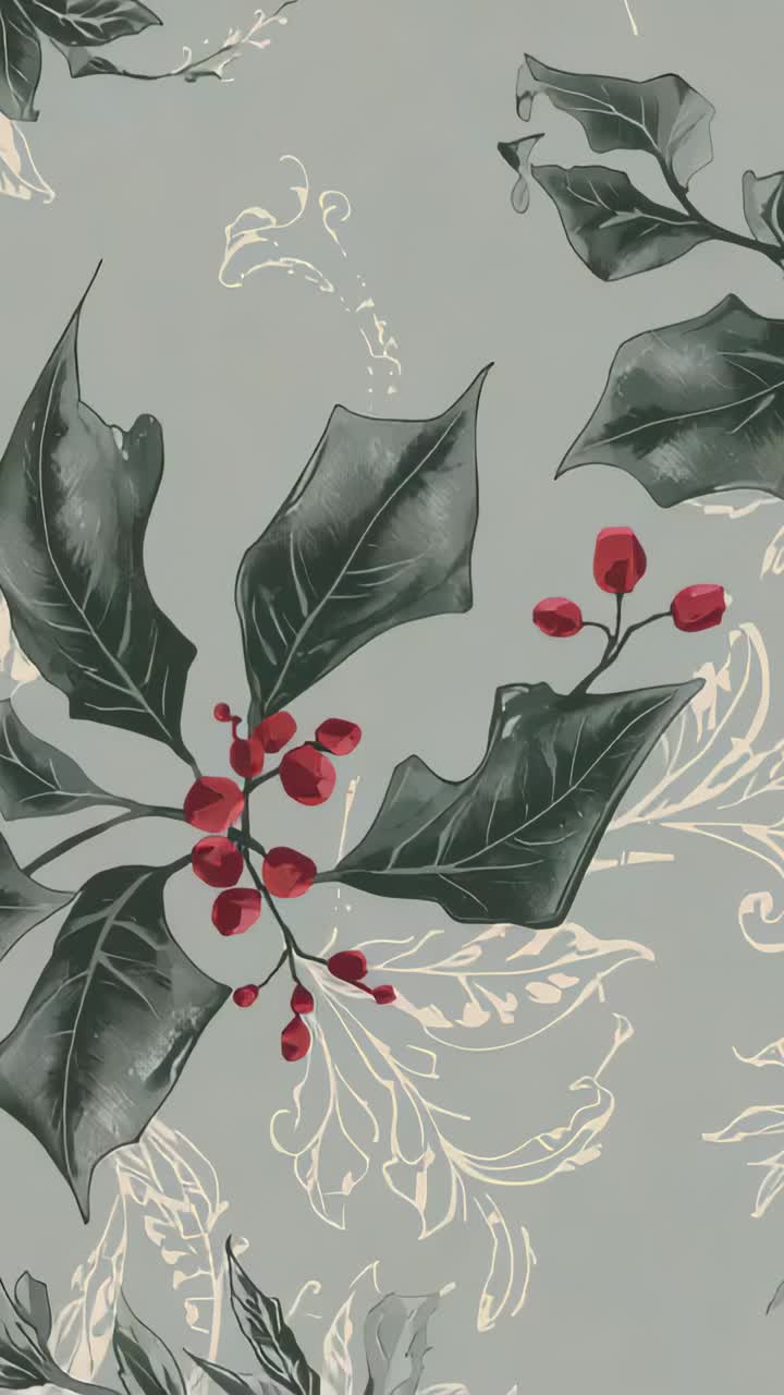 Vertical video: Panning camera up to reveal holly sprig on gray paper with cream lines, red berries