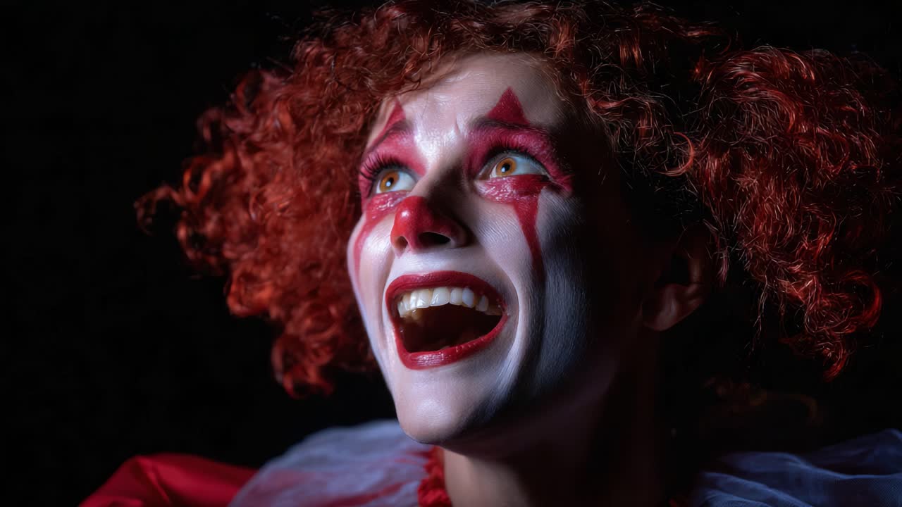 Eerie Clown Portrait: Captivating Expression of Joy and Curiosity in a Dark Setting Evokes a Unique Mix of Whimsy and Intrigue, Perfect for Horror Imagery