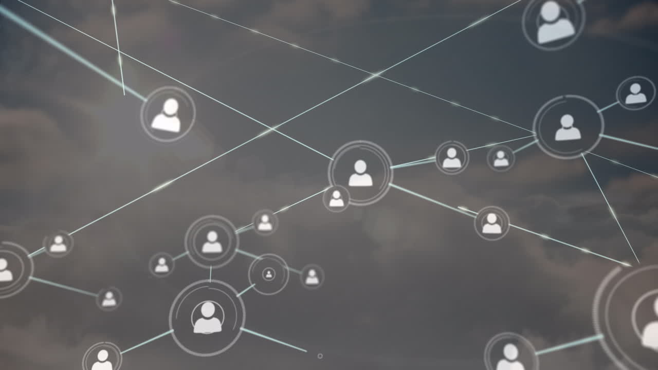 Animazione di rete di connessioni con icone su nuvole