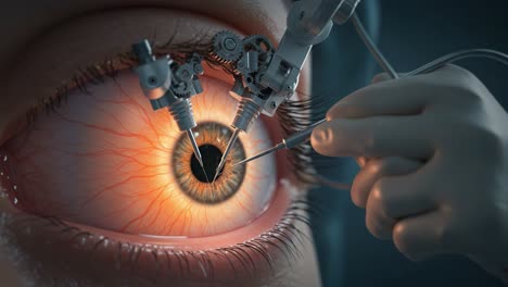 a close-up view of an advanced robotic eye surgery procedure, highlighting intricate machinery operating with precision on a patient's eye