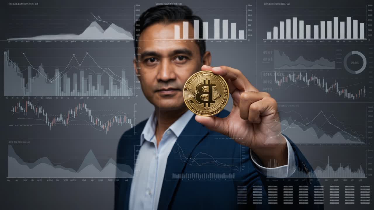 A Businessman Showcases Cryptocurrency as Financial Trends and Data Visualizations Highlight the Growing Importance of Digital Currency in Modern Economy