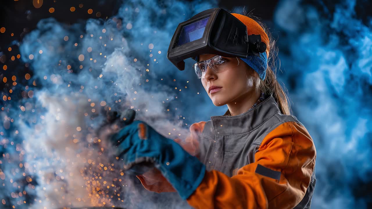 Saldatrice al lavoro con dispositivi di protezione