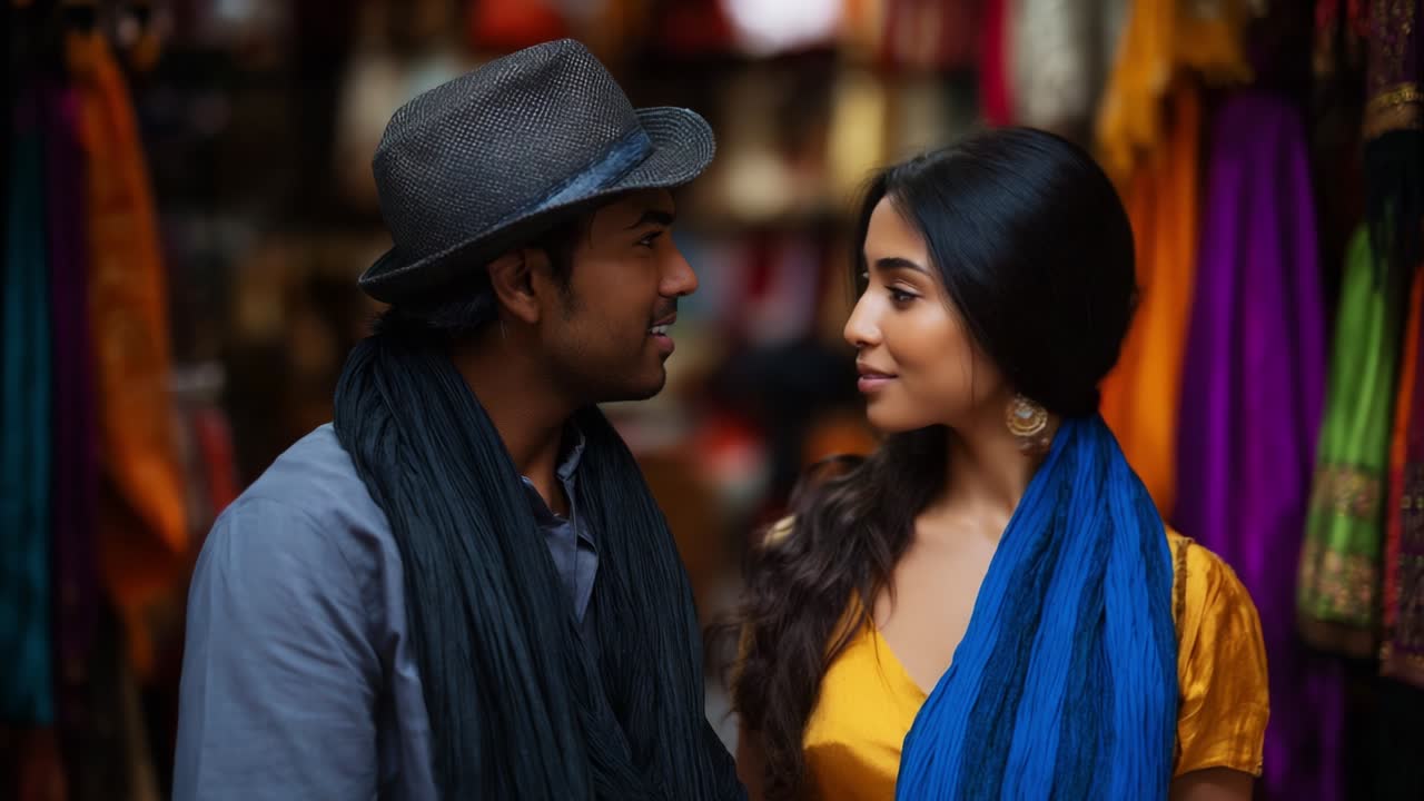 A Timeless Connection Captured: A Couple Deep in Conversation Amidst a Vibrant Market Setting, Showcasing Their Affection and Cultural Attire with Beautiful Textures and Colors Complementing Their Togetherness