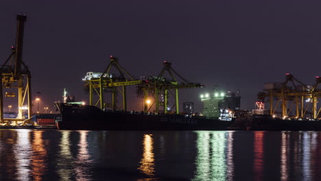 a 4k time lapse of container ships being loaded in bangkok port, thailand.