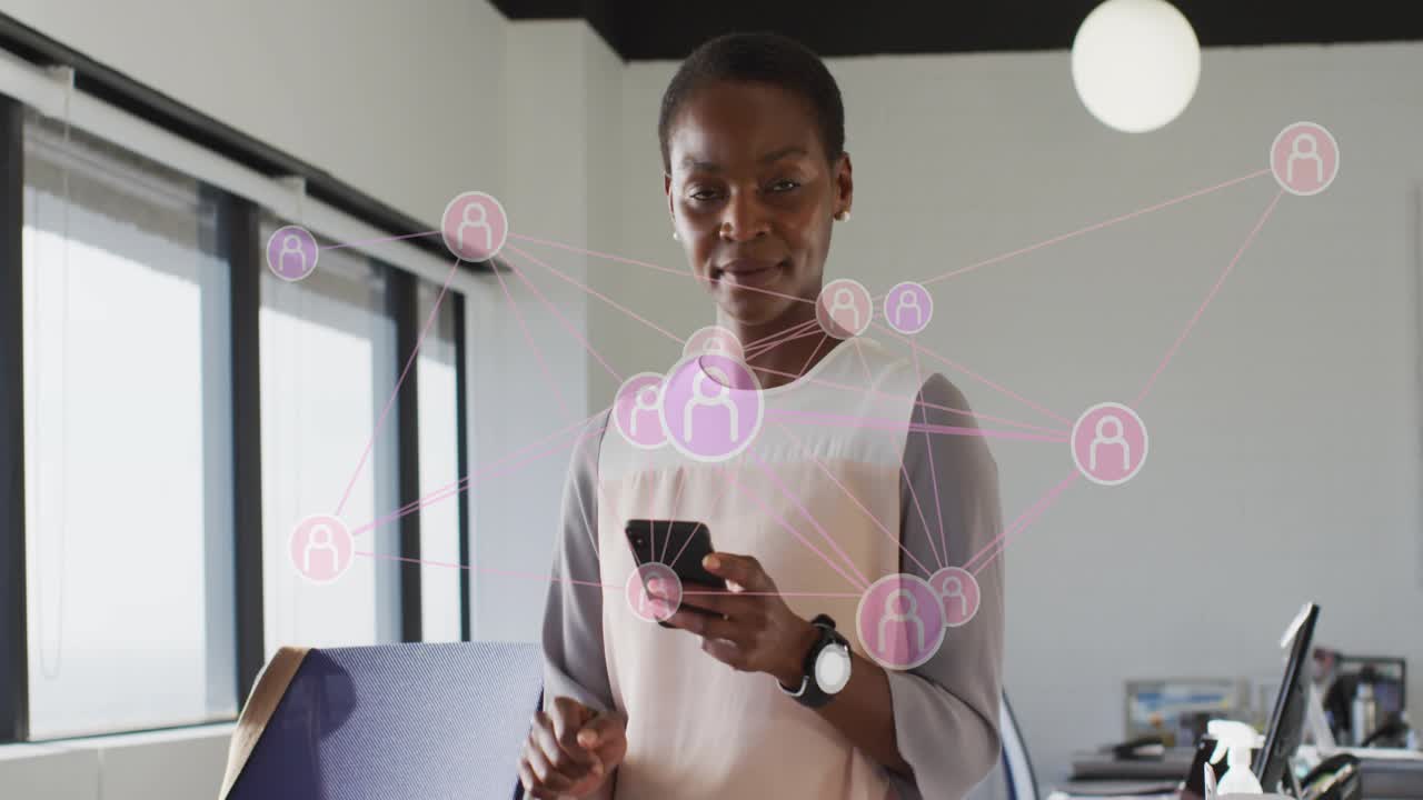 Woman gazing smartphone screen and tapping while visualizing network icons floating in tech office