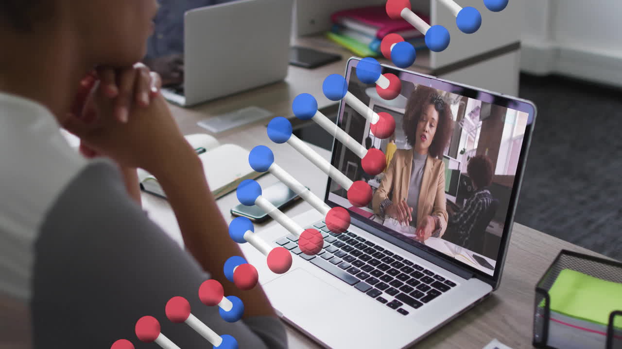 Female professional watching virtual science meeting on laptop, showing molecular model overlay