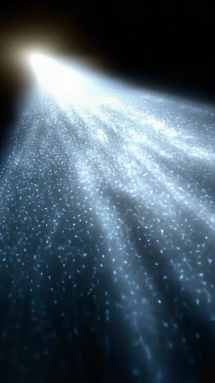 A mesmerizing beam of light streaks through darkness, illuminating a cascade of shimmering particles, creating an ethereal atmosphere filled with wonder and beauty