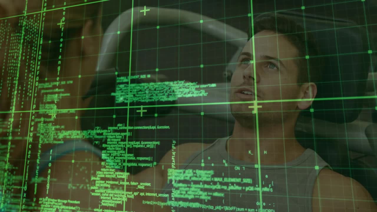 Fitness trainee adjusting posture at gym triggered by biometric code while trainer monitoring stats