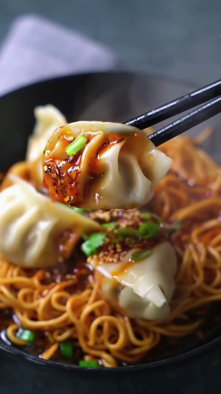 Video ravvicinato di noodles e ravioli fumanti, guarniti con erbe aromatiche, ripresi da un’angolazione dall'alto
