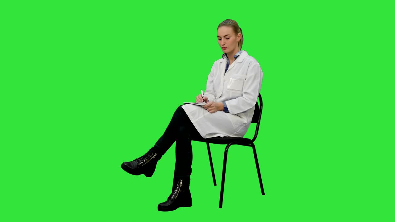 여성 의사 는 환자 와 대화 하고 녹색 스크린, 크로마 키 에 있는 노트북 에 글 을 쓰고 있다