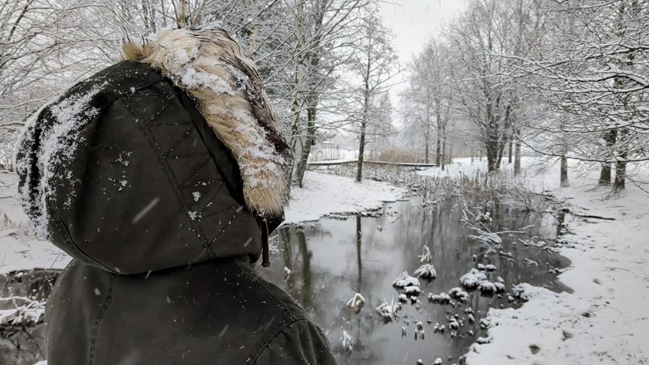persona mirando el río nevado vista, vista trasera, nieve en invierno paisaje natural