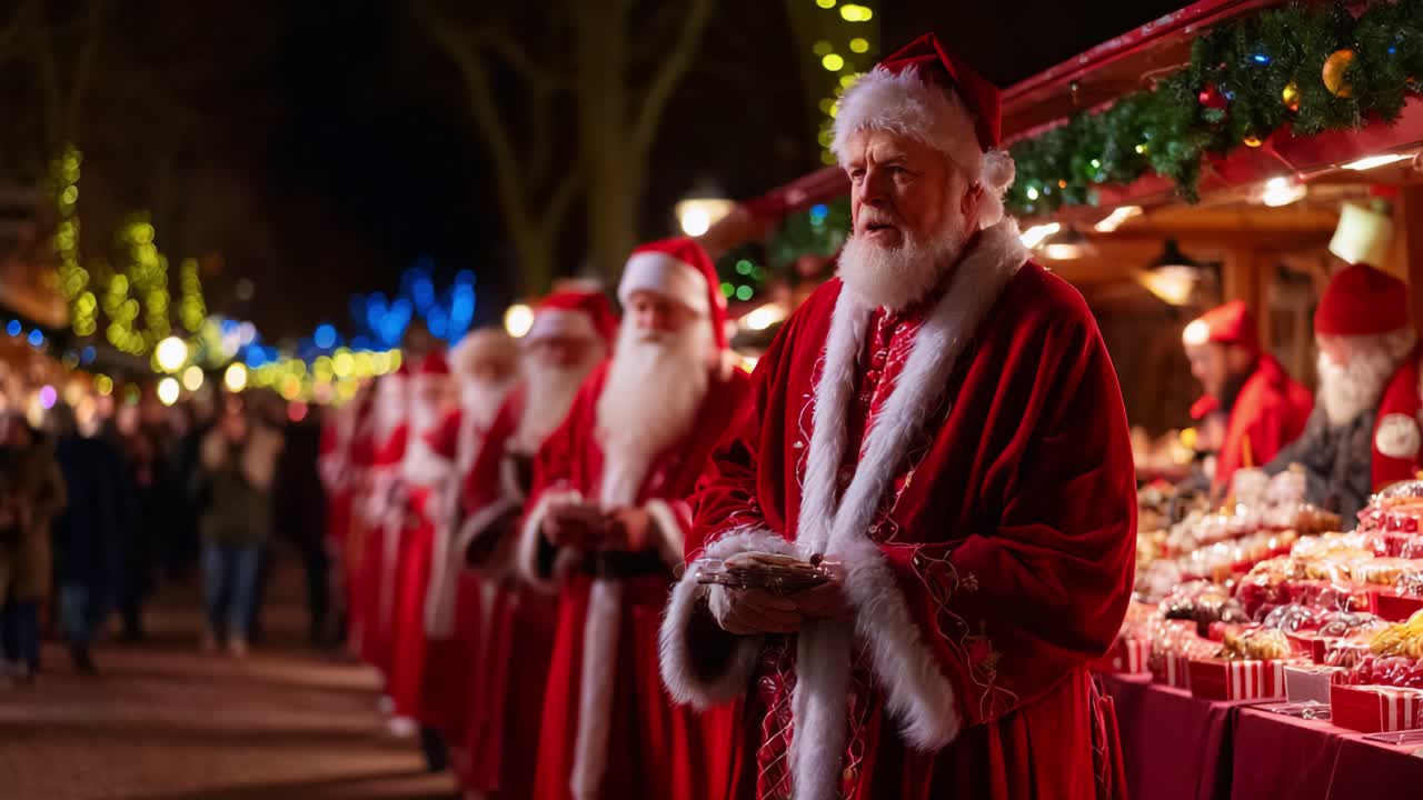 A Festive Gathering of Santas at a Holiday Market, Showcasing the Spirit of Christmas with Colorful Lights, Stalls Filled with Treats, and Joyful Atmosphere Inviting All to Enjoy the Season