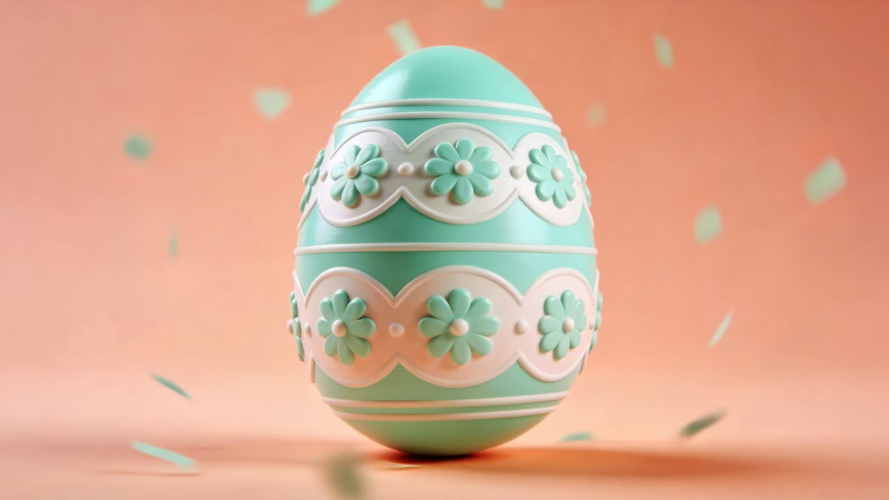 Sequence showing teal confetti appearing and drifting around egg with white bands on peach backdrop