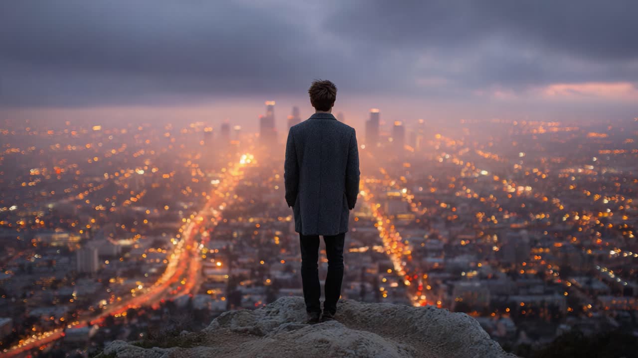 A Solitary Figure Gazes Over a Vibrant Cityscape at Dusk, Illuminated by Urban Lights and Set Against a Dramatic Sky Filled with Clouds