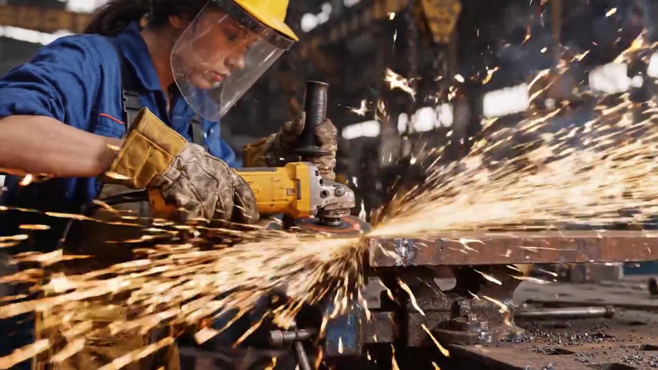 Um Trabalhador Qualificado Opera uma Rebarbadora, Produzindo Faíscas Enquanto Trabalha numa Superfície Metálica num Ambiente de Oficina Industrial