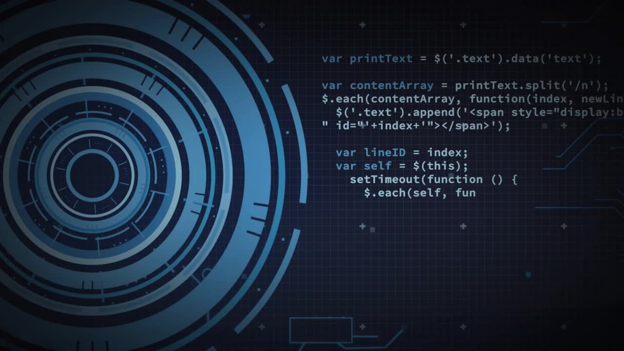Circular interface materializing, code splitting and appending under scan line showing HUD styling