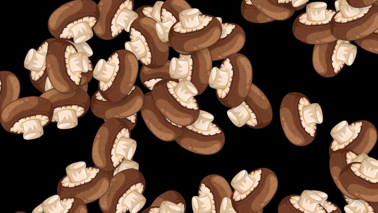 Animated Pattern of Falling Brown Mushrooms on Black Background