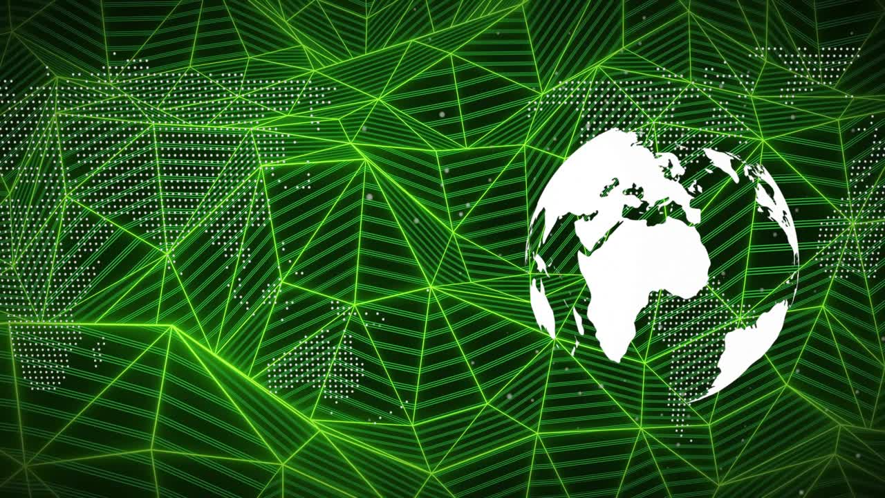 Globo bianco in movimento che ruota e si sposta a destra, mentre una rete verde neon pulsa per comunicare la presenza di una rete