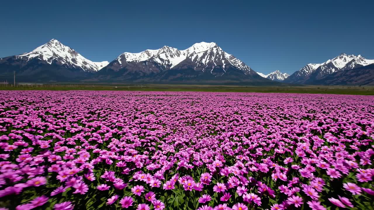 A wide-angle video captures vibrant pink flowers in the foreground with majestic snow-capped