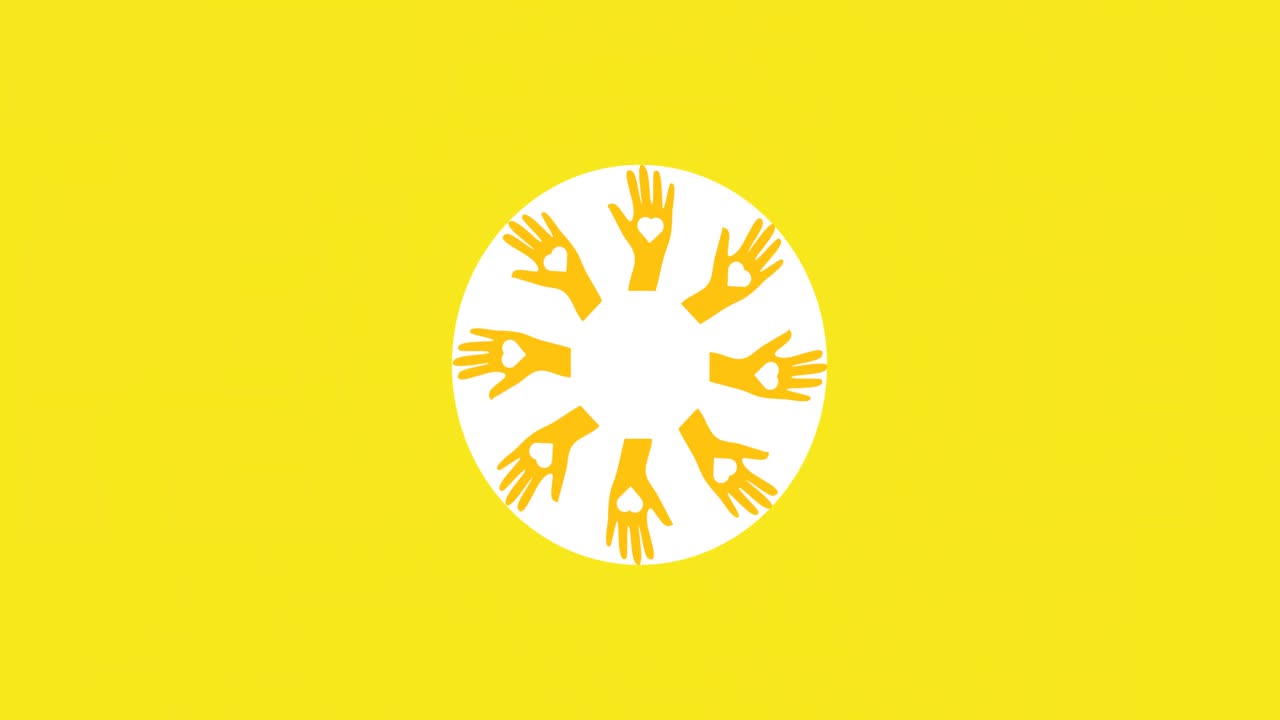 노란색 배경 위에 심장 아이콘이 있는 손의 애니메이션