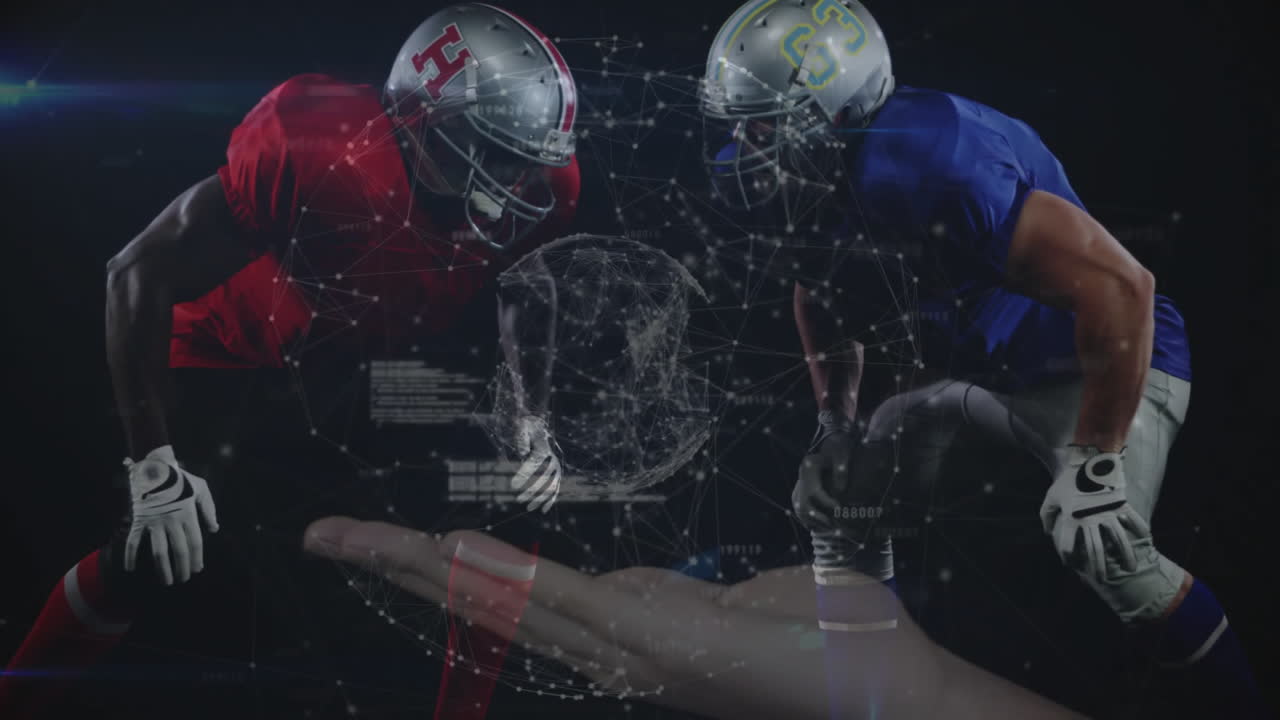 Football players facing off with digital network animation over hand