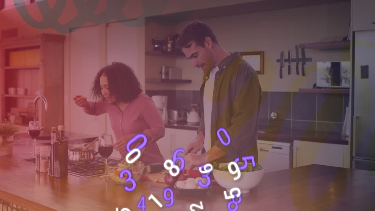 Woman grabbing olive oil pouring into pan while man slicing peppers stirring mixture for cooking
