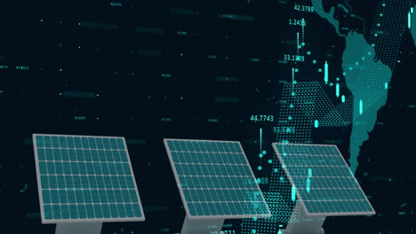 animation of data processing over solar panels and world map