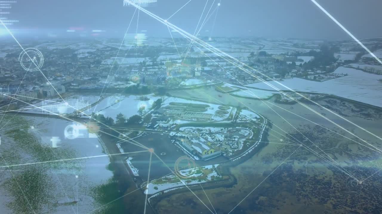 Animation of network of connections over cityscape